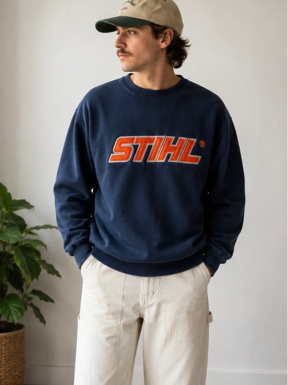 Navy Crewneck Sweatshirt with Orange Logo